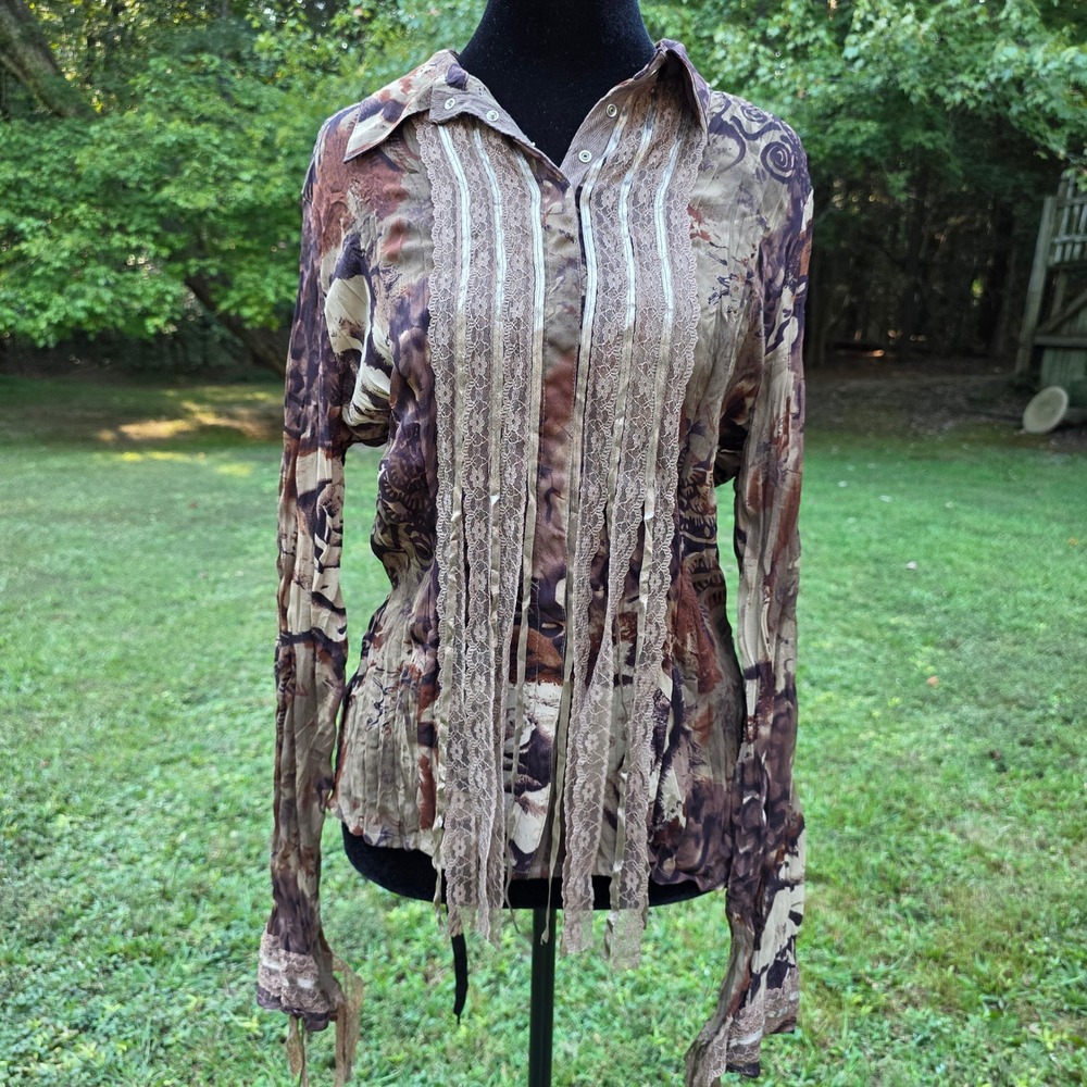 LE CAVIAR Brown Womens L Blouse Crinkle Lace Trim Abstract Floral Whimsigoth